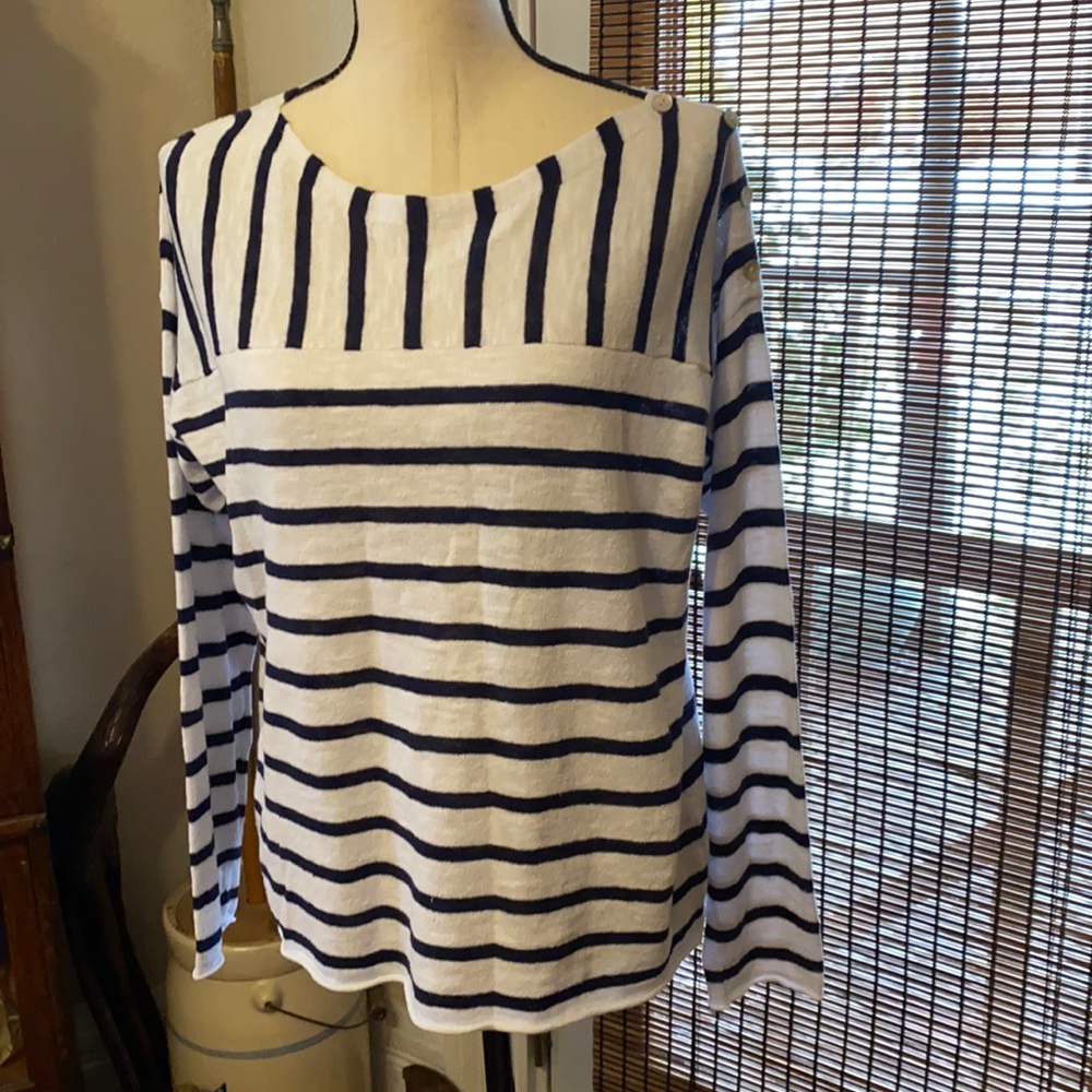 Eileen Fisher Navy and White Striped Tunic Small Linen Cotton